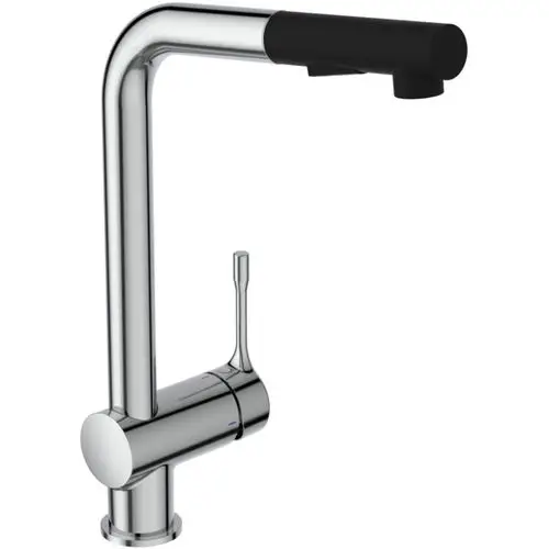 Küchenarmatur aus Chrom von Ideal Standard mit hohem Auslauf und schwarzem Griff, ausgelegt für die Montage in modernen Küchen.